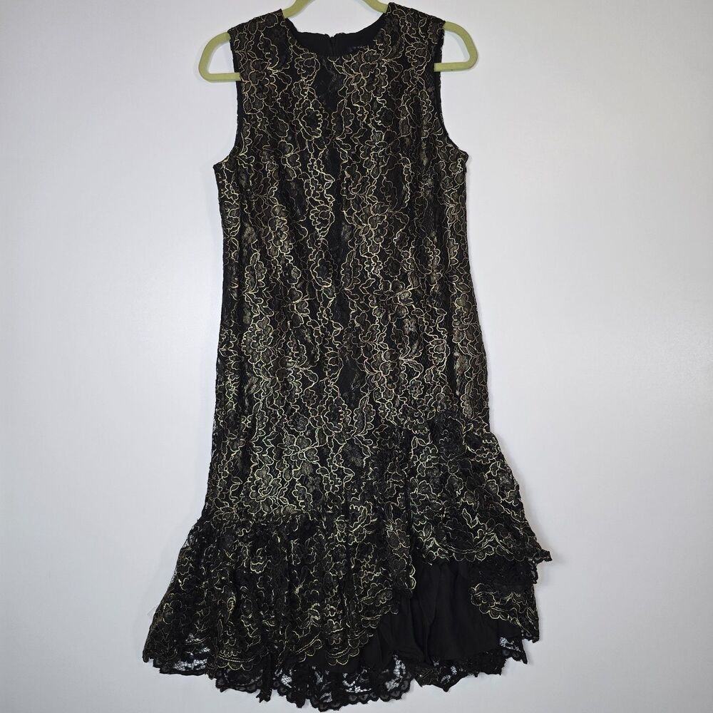 ​NWT T Tahari Metallic Lace Asymmetrical Ruffle Cocktail Dress Black Gold 8 $258